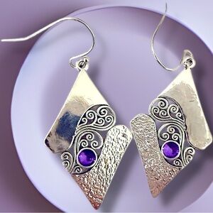 Silver Earrings Purple Geometric Embroidered Earrings NWT